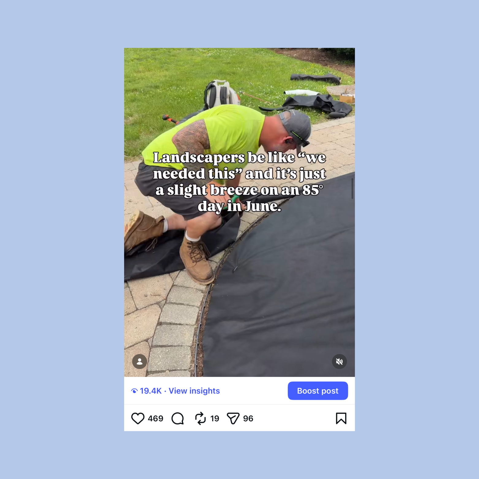A landscaper kneeling on the ground, working on a landscape project surrounded by gardening tools and materials, with a caption about their perception of the work.