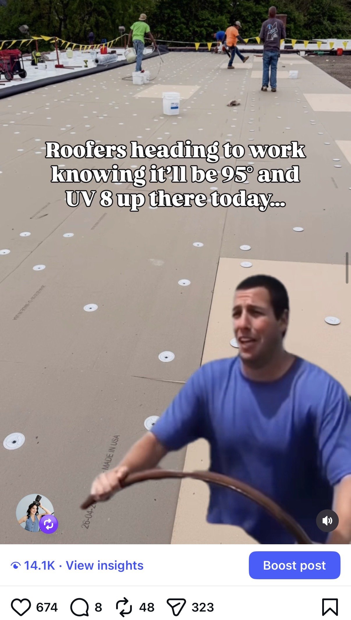 People working on a rooftop installation with insulation panels and tools, with a man and a woman in the foreground and others in the background. Overlaid text reads: "Roofers heading to work knowing it'll be 95° and UV 8 up there today."
