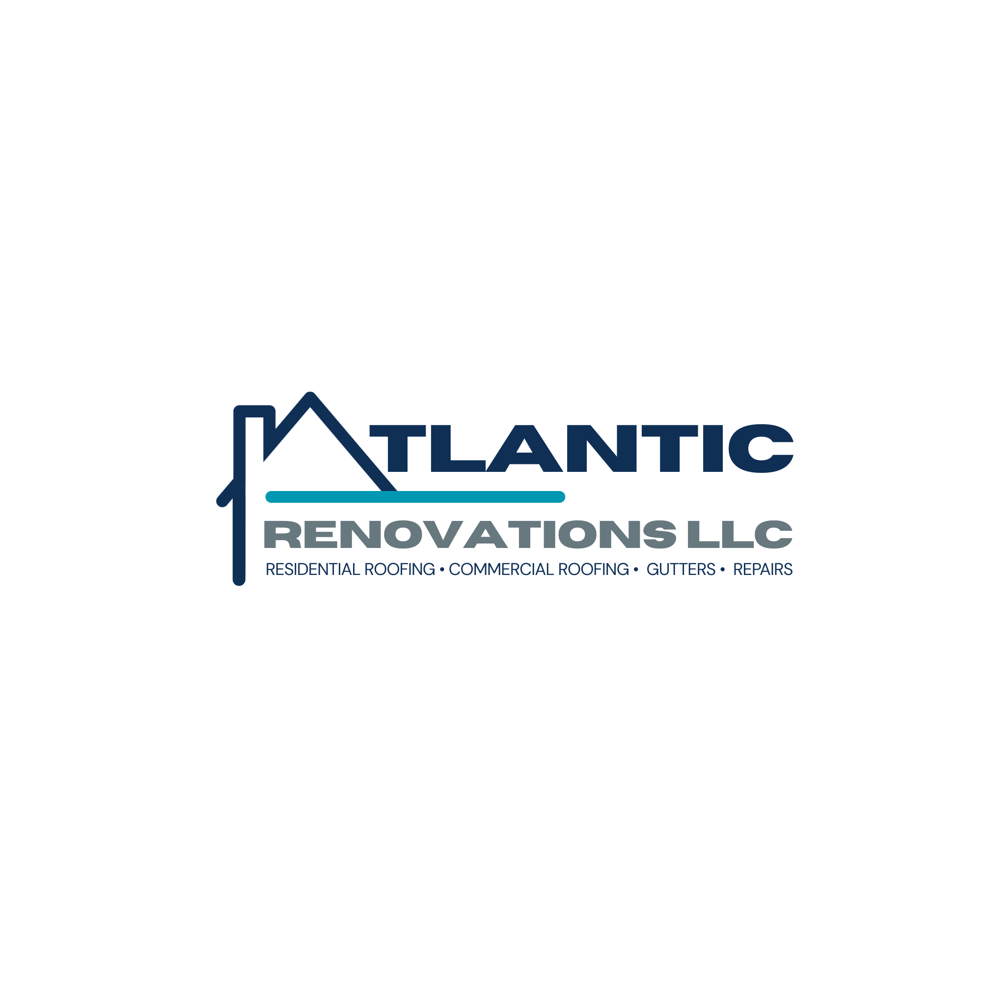 Logo for Atlantic Renovations LLC featuring a house with a gable roof and the company name in bold blue letters, along with services listed below.