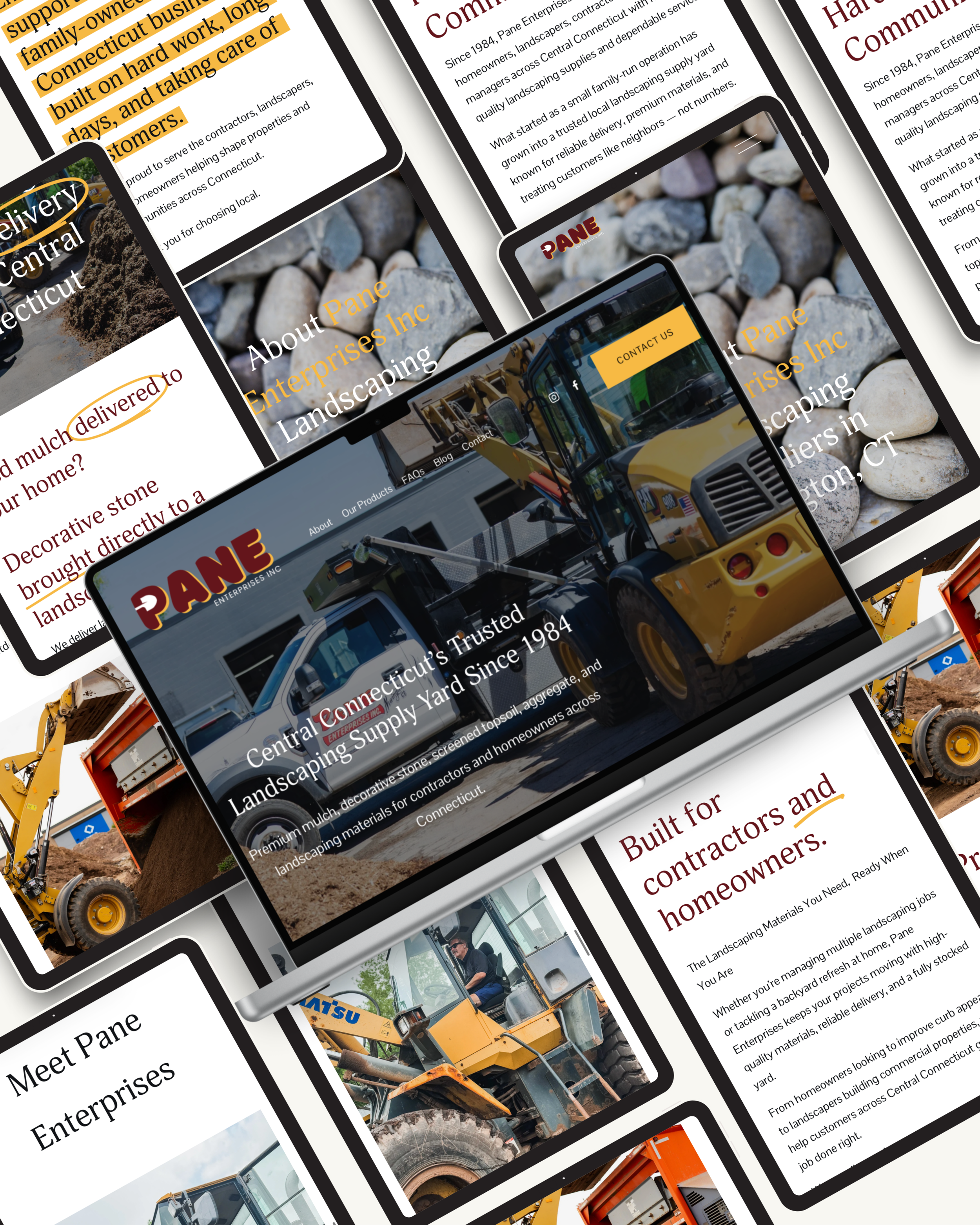 Multiple overlapping tablets displaying a landscaping company's website, featuring images of construction equipment, rocks, and text about services and company history.