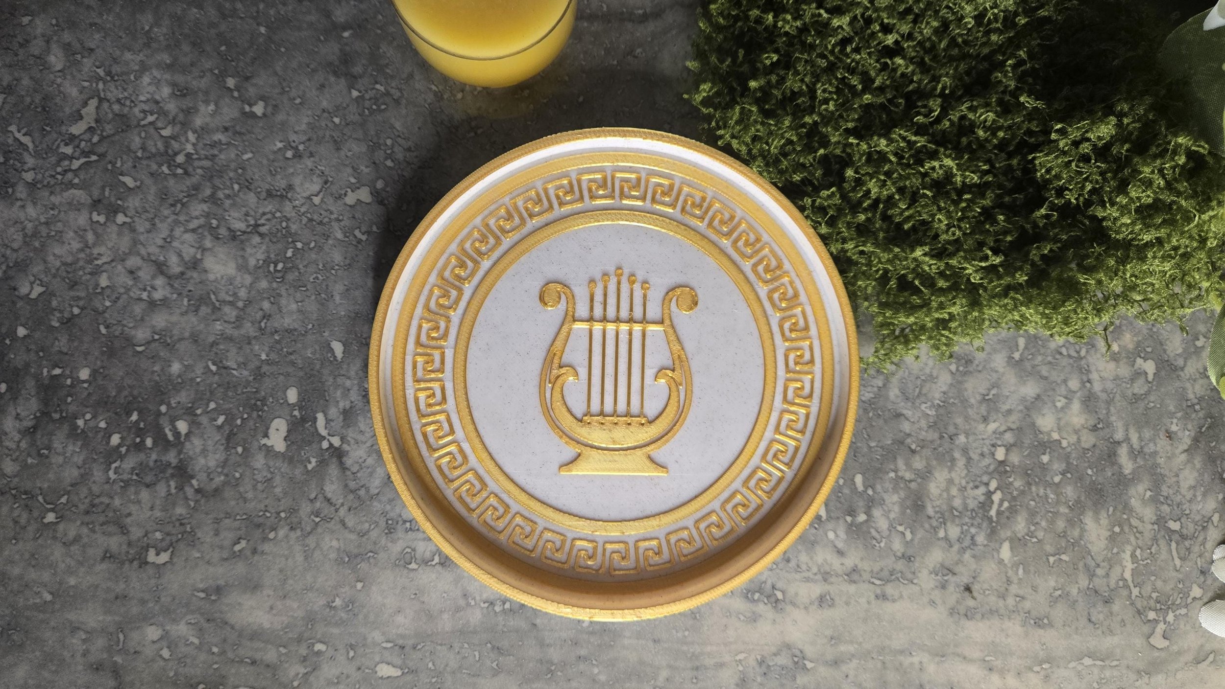 Apollo Lyre Tray Gold White Greek Key Altar Dish Music God Symbol Hellenistic Pagan Ritual Tray Sun God Decor 4 Inch 6 Inch