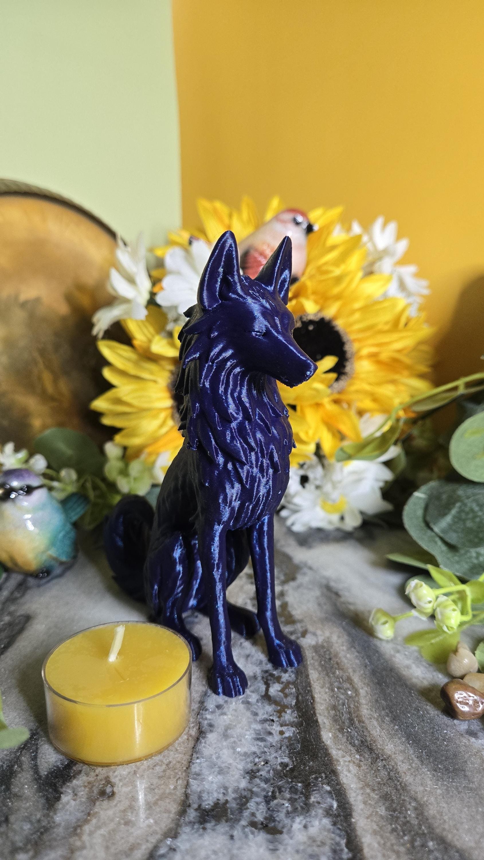 Guardian Wolf Statue Sparkly Galaxy Dark Blue Wolf Figurine 5 Inch 3D Printed Spirit Animal Witchy Altar Decor and Familiar Totem