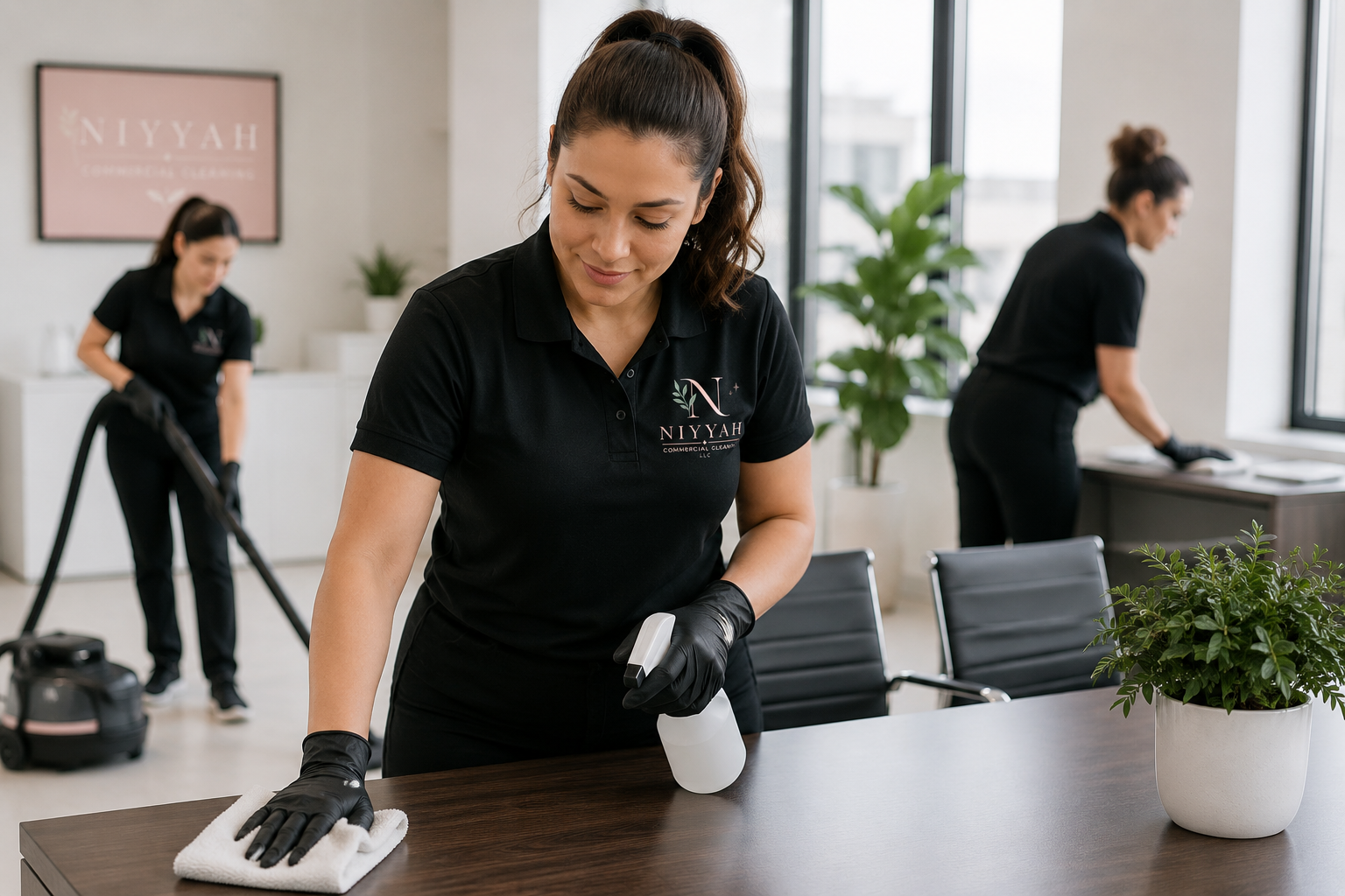 Three women cleaning an office with spray bottles and cloths, wearing black uniforms and gloves, in a modern office space with large windows and potted plants.
