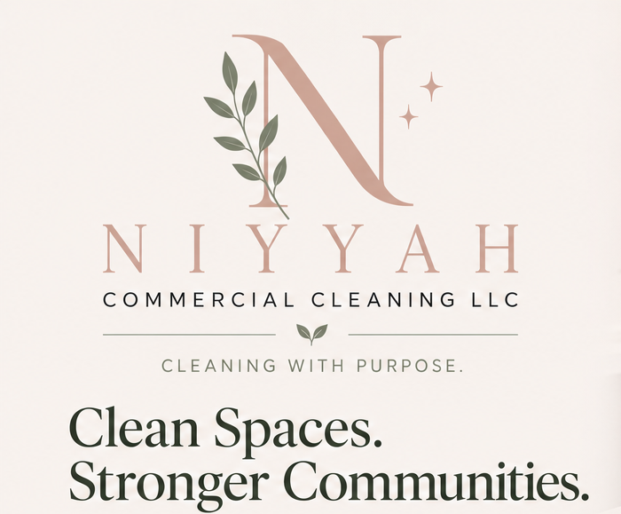 Logo for NIYAH Commercial Cleaning LLC with a large stylized letter N, leafy design, and slogan 'Cleaning with Purpose. Clean Spaces. Stronger Communities.'