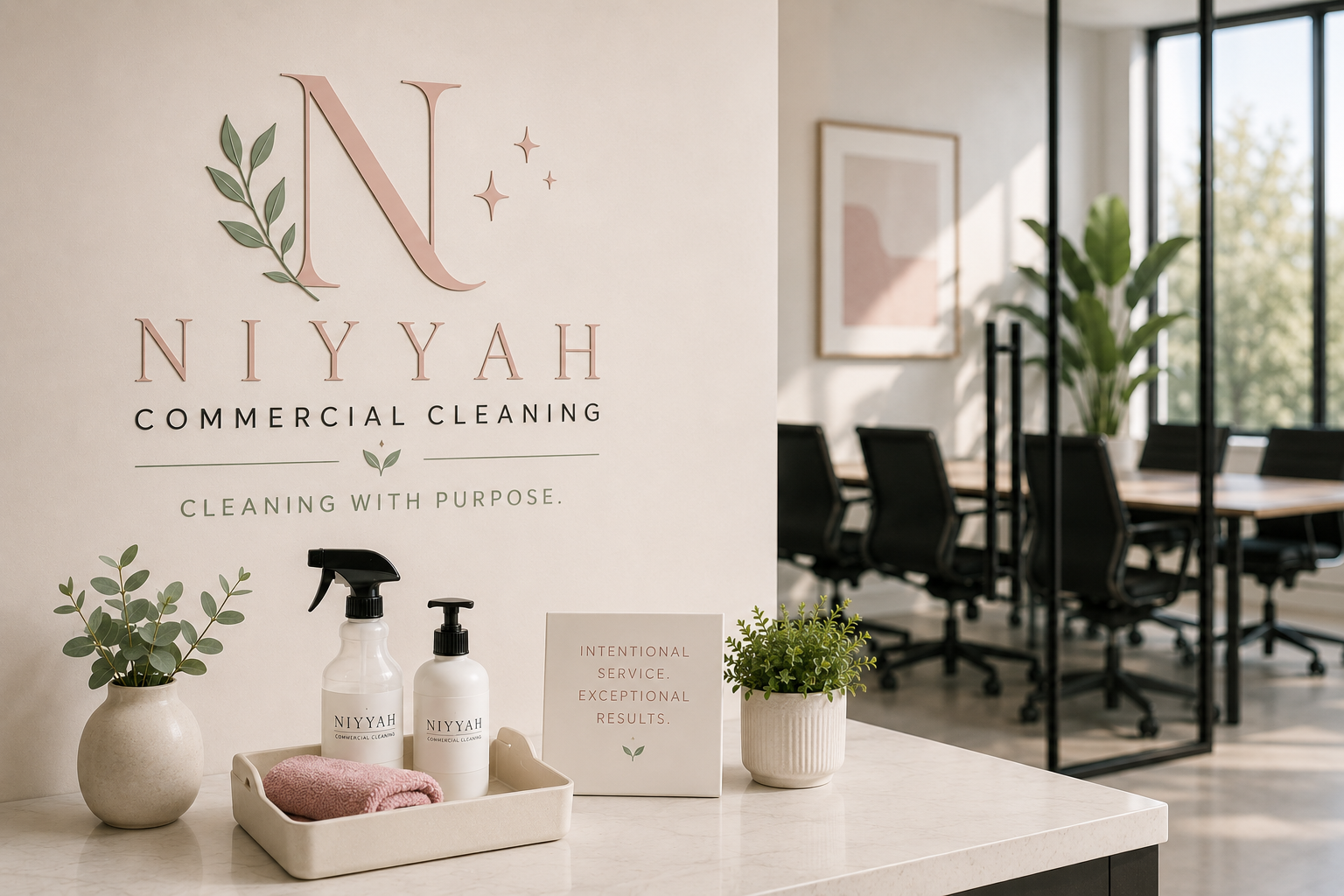 Interior of a commercial cleaning company's office with a wall sign reading 'NIYYAH COMMERCIAL CLEANING' and a slogan 'CLEANING WITH PURPOSE'. On a table, there are cleaning products labeled 'NIYYAH', a small potted plant, a sign with the words 'INTENTIONAL SERVICE. EXCEPTIONAL RESULTS.', and a tray holding a pink cloth.