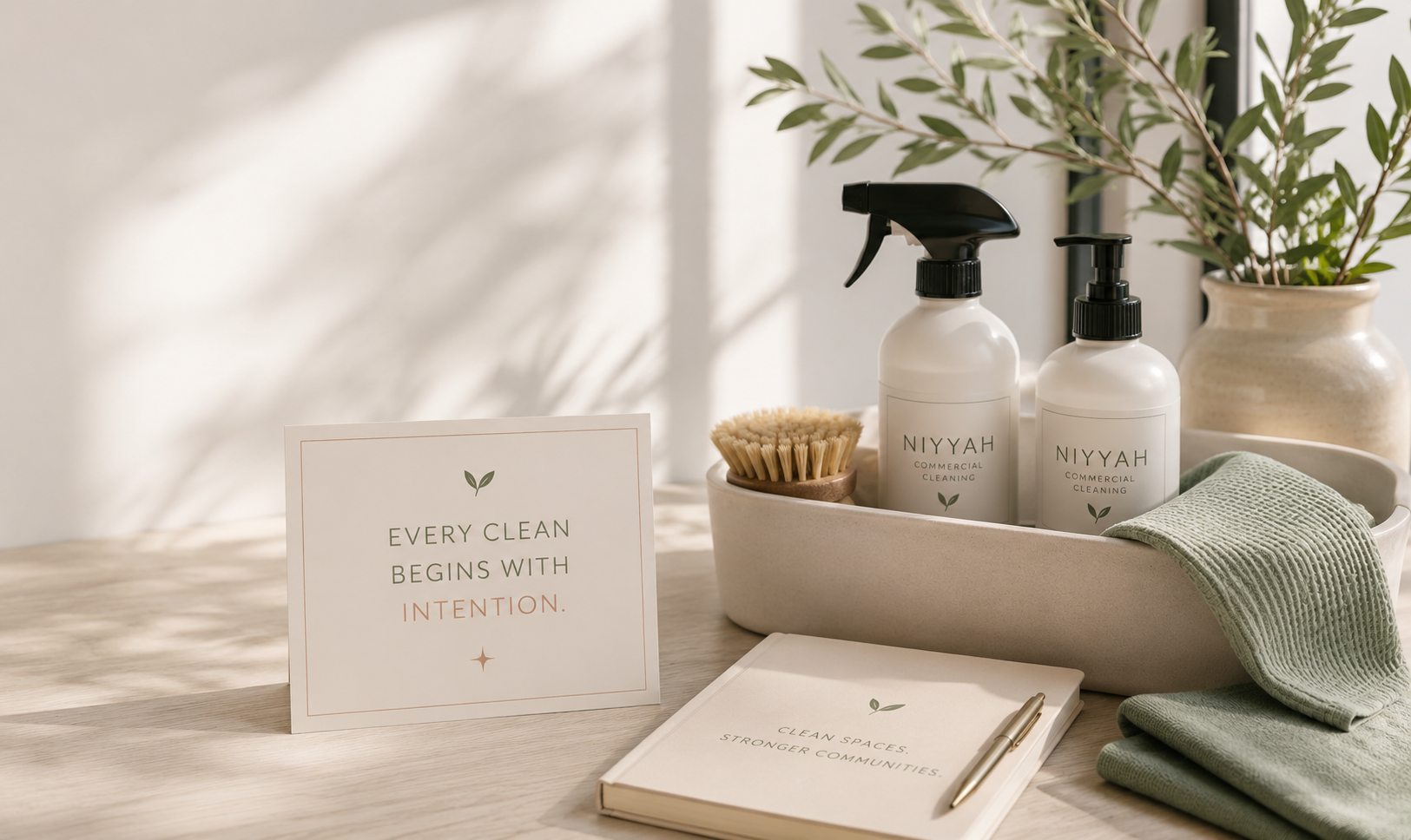 Cleaning supplies in a beige tray, including spray and pump bottles labeled "Niyyah Commercial Cleaning," a small natural bristle brush, green folded cloths, a potted plant, and a motivational card that says "Every clean begins with intention."