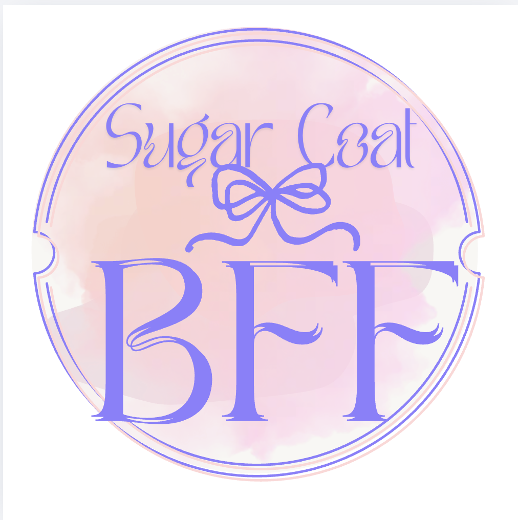 Pink circle logo with the words 'Sugar Coat' and large letters 'BFF' inside, and a bow drawing between the words.