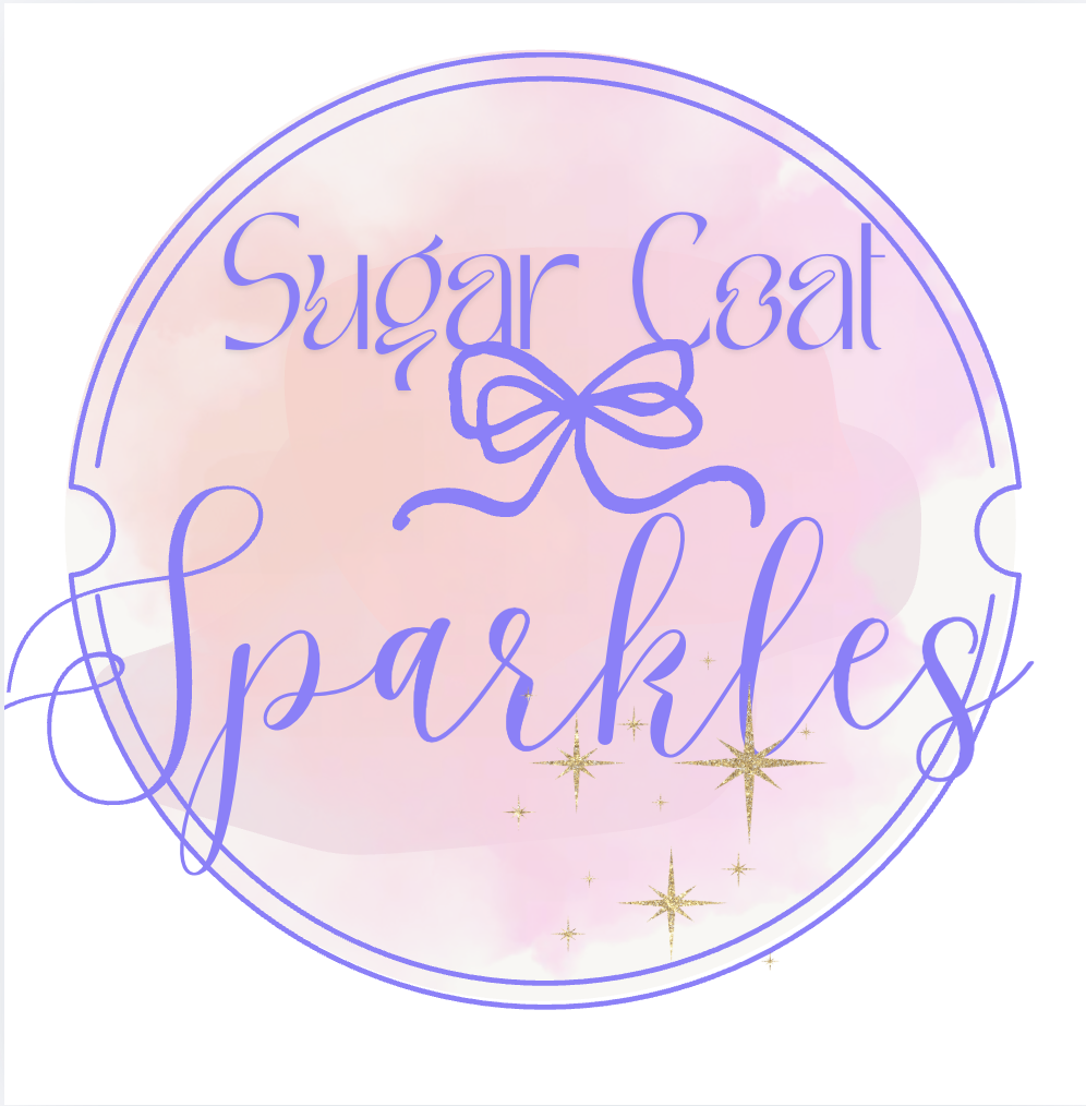 Logo with the text 'Sugar Cat Sparkles' in purple cursive font, surrounded by a circle with a bow at the top and gold stars around the bottom, on a pink and purple watercolor background.