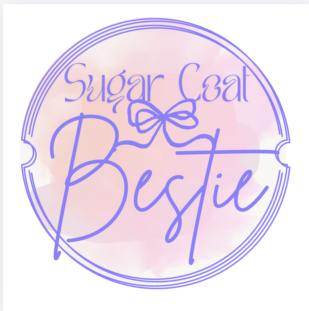 A pastel pink watercolor background with a circular purple outline and text reading 'Sugar Coat Betsie' in cursive, with a small bow illustration above the word 'Betise'.