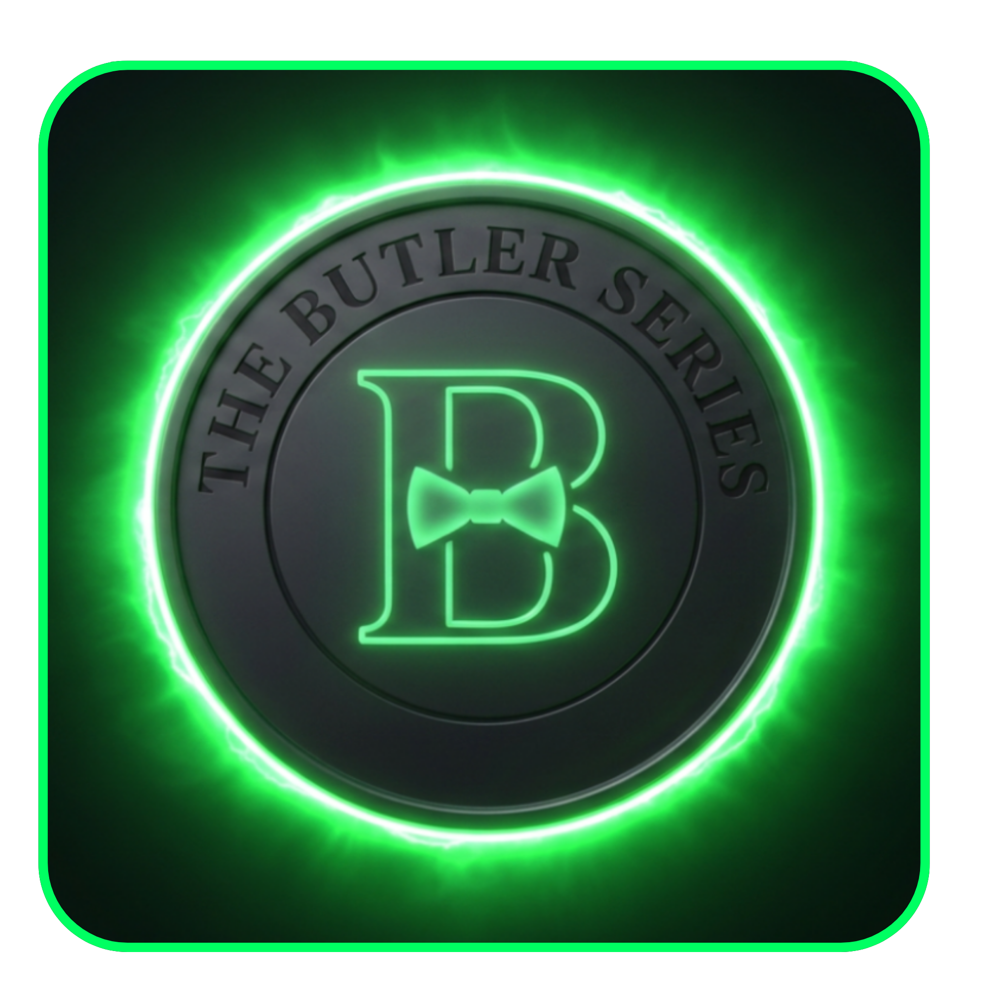 Close-up of a circular LED sign with a green glow, displaying the text 'THE BUTLER SERIES' and the letter 'B' in the center.