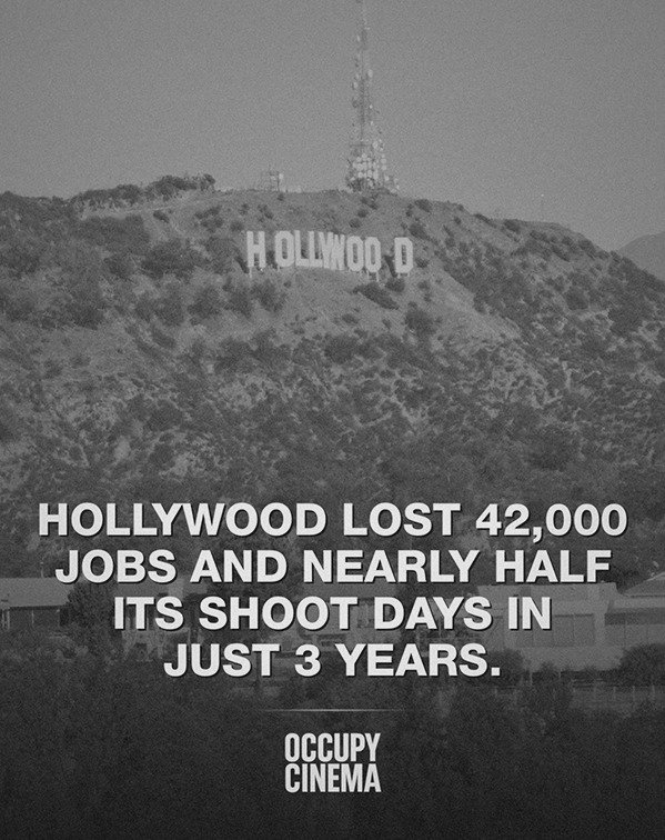 Hollywood sign with text: Hollywood lost 42,000 jobs and nearly half its shoot days in just 3 years. Occupy Cinema.