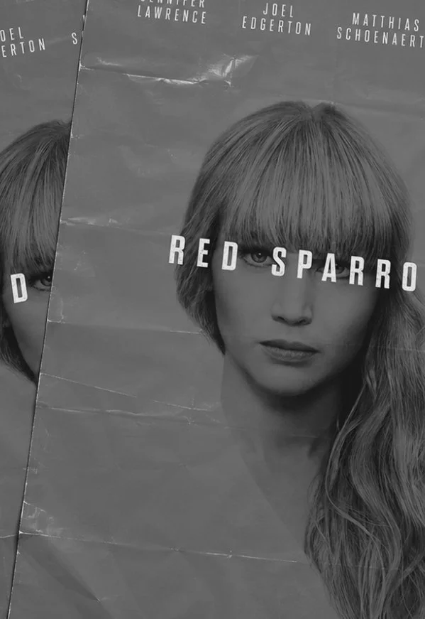 Two overlapping Red Sparrow movie posters showing Jennifer Lawrence