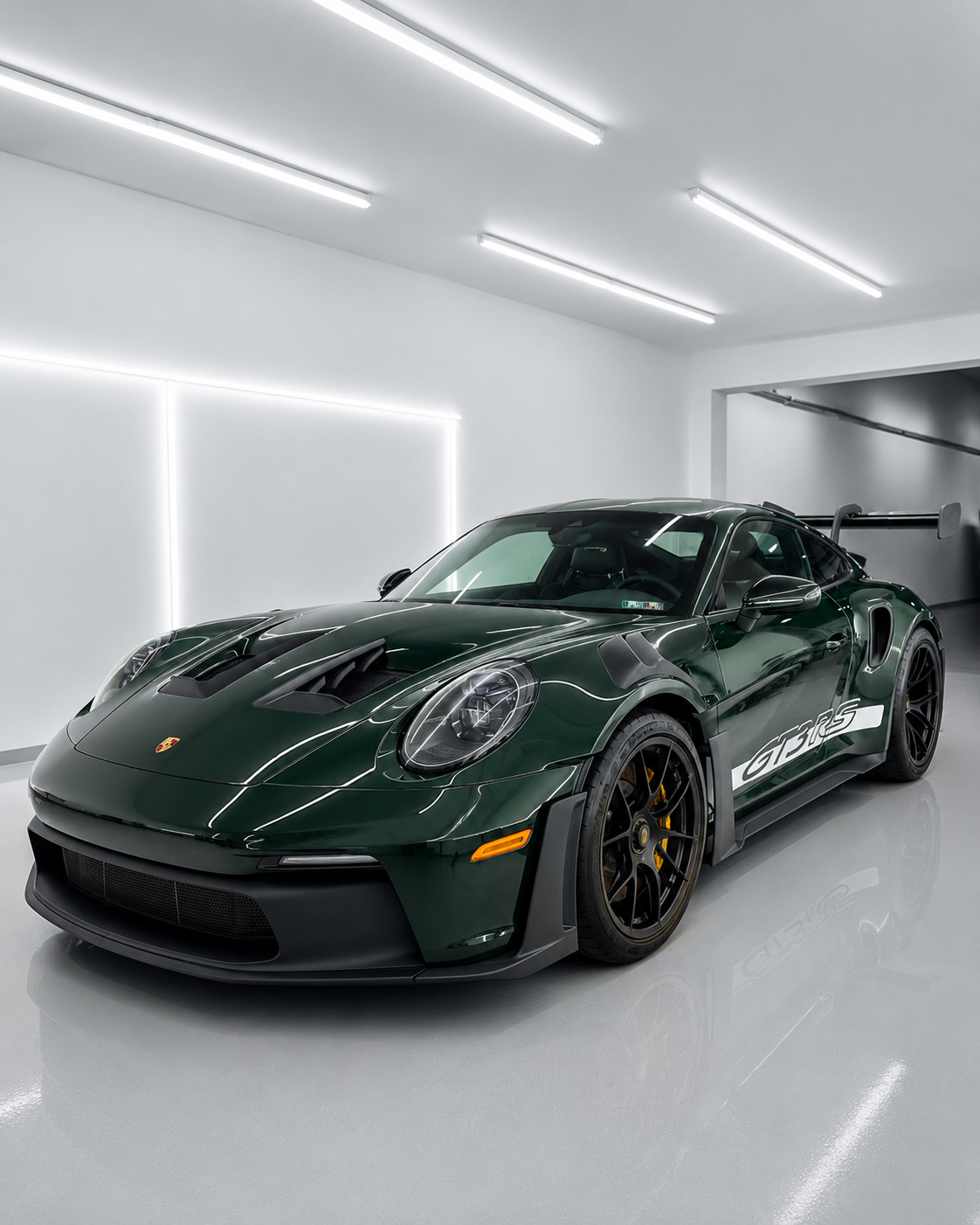 Green Porsche 911 GT3 RS sports car with black accents and large rear wing, parked in a modern, white, well-lit garage.