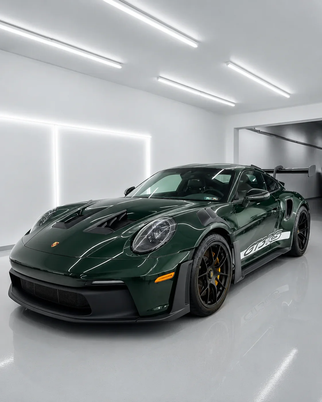 A dark green Porsche 911 GT3 RS sports car with a large rear wing, black wheels, and racing stripes, parked inside a minimalistic white garage with bright overhead lighting.