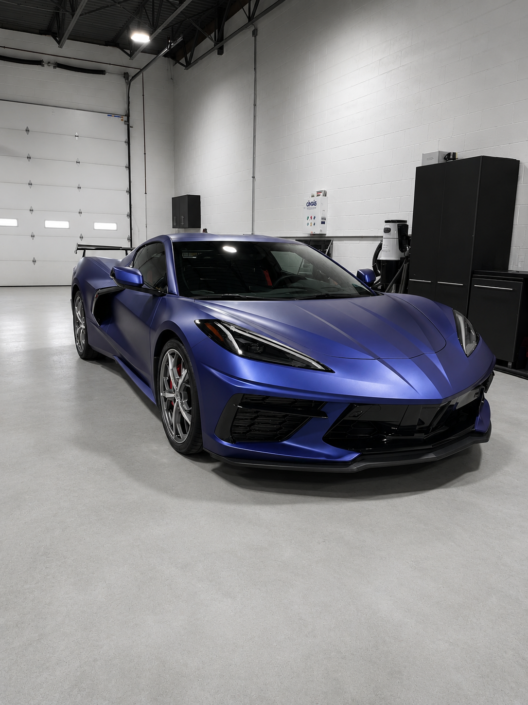 A blue sports car parked inside a garage with white walls and a concrete floor, equipped with cabinets and charging equipment.