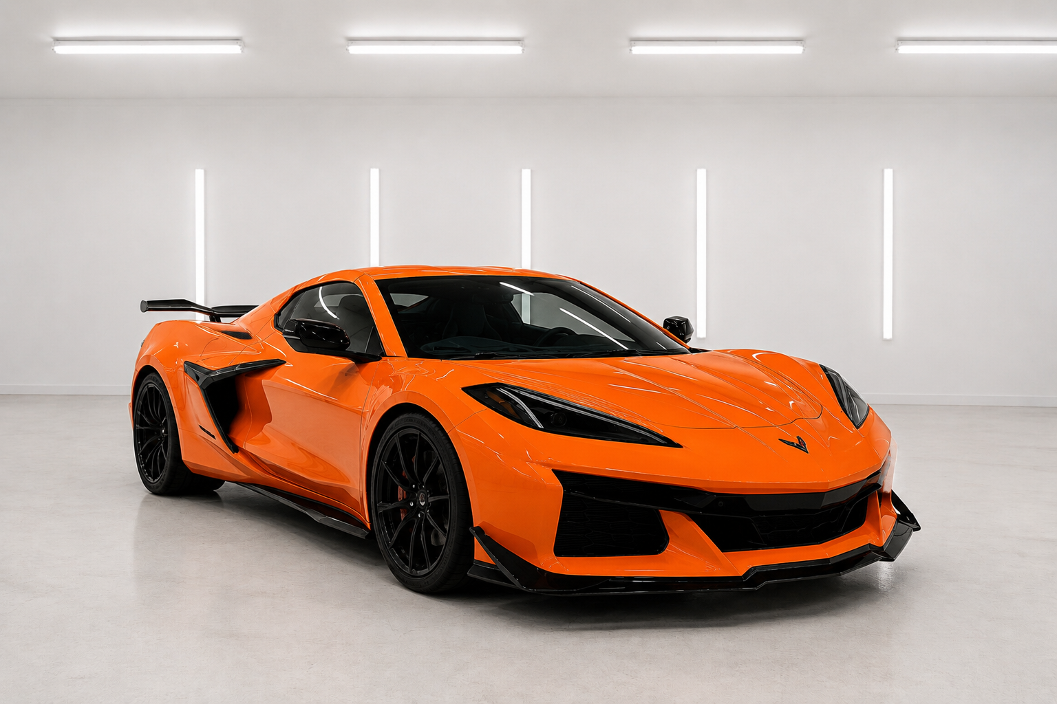 Orange sports car with black accents parked in a white minimalist showroom.