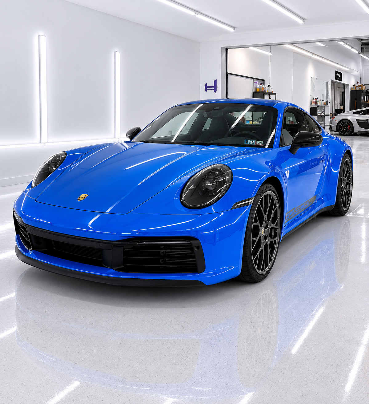 A blue Porsche sports car parked inside a modern, well-lit showroom with white walls and a shiny floor.