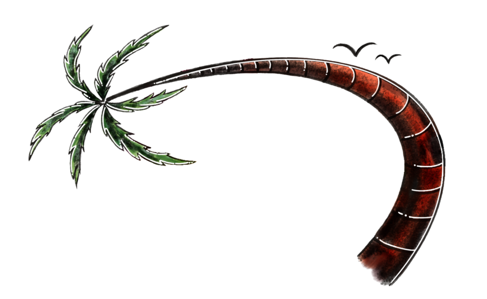 A marijuana leaf connected to a curling red-and-brown stem.