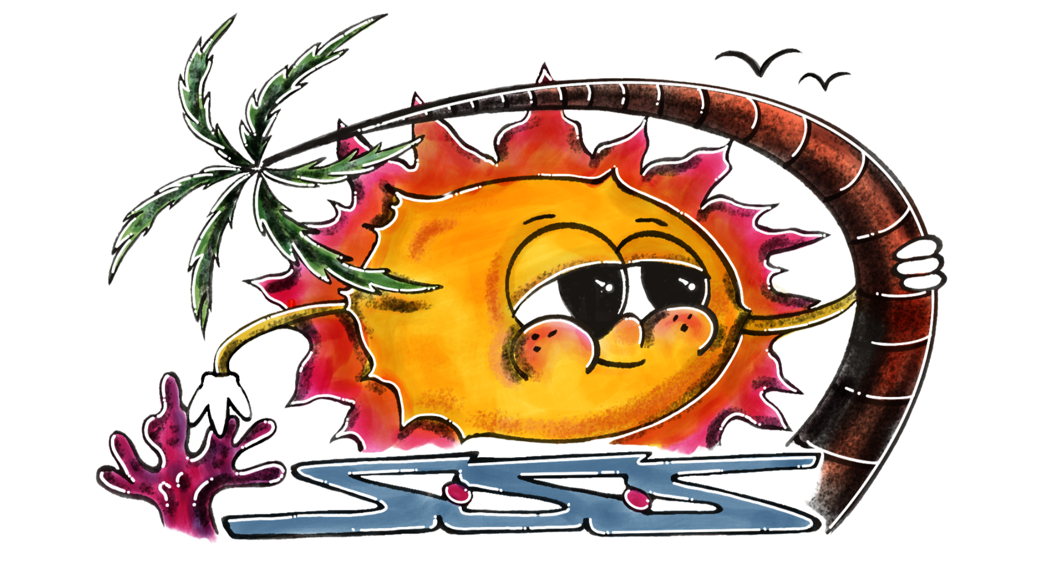 A cartoon-style drawing of a happy orange sun with sunglasses surrounded by pink and red flames, a green palm leaf, a brown telescope, and pink coral in the water.