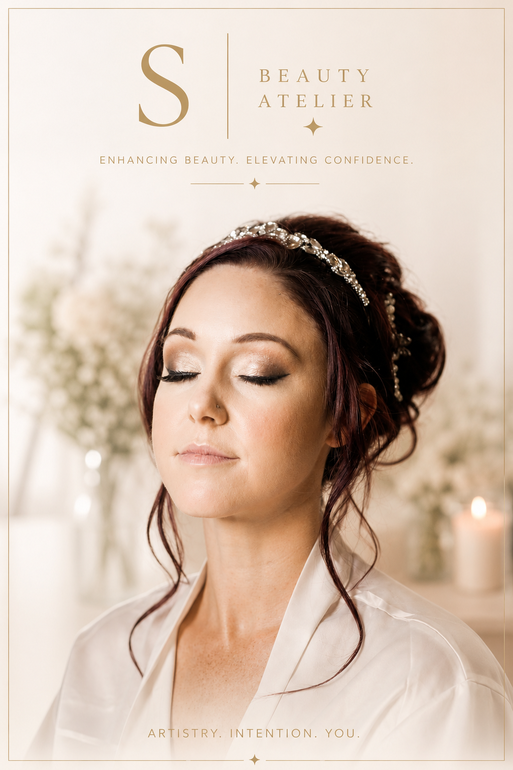 A woman with closed eyes and makeup, wearing a pearl headband, in a soft, neutral-colored setting with blurred flowers and candles in the background.