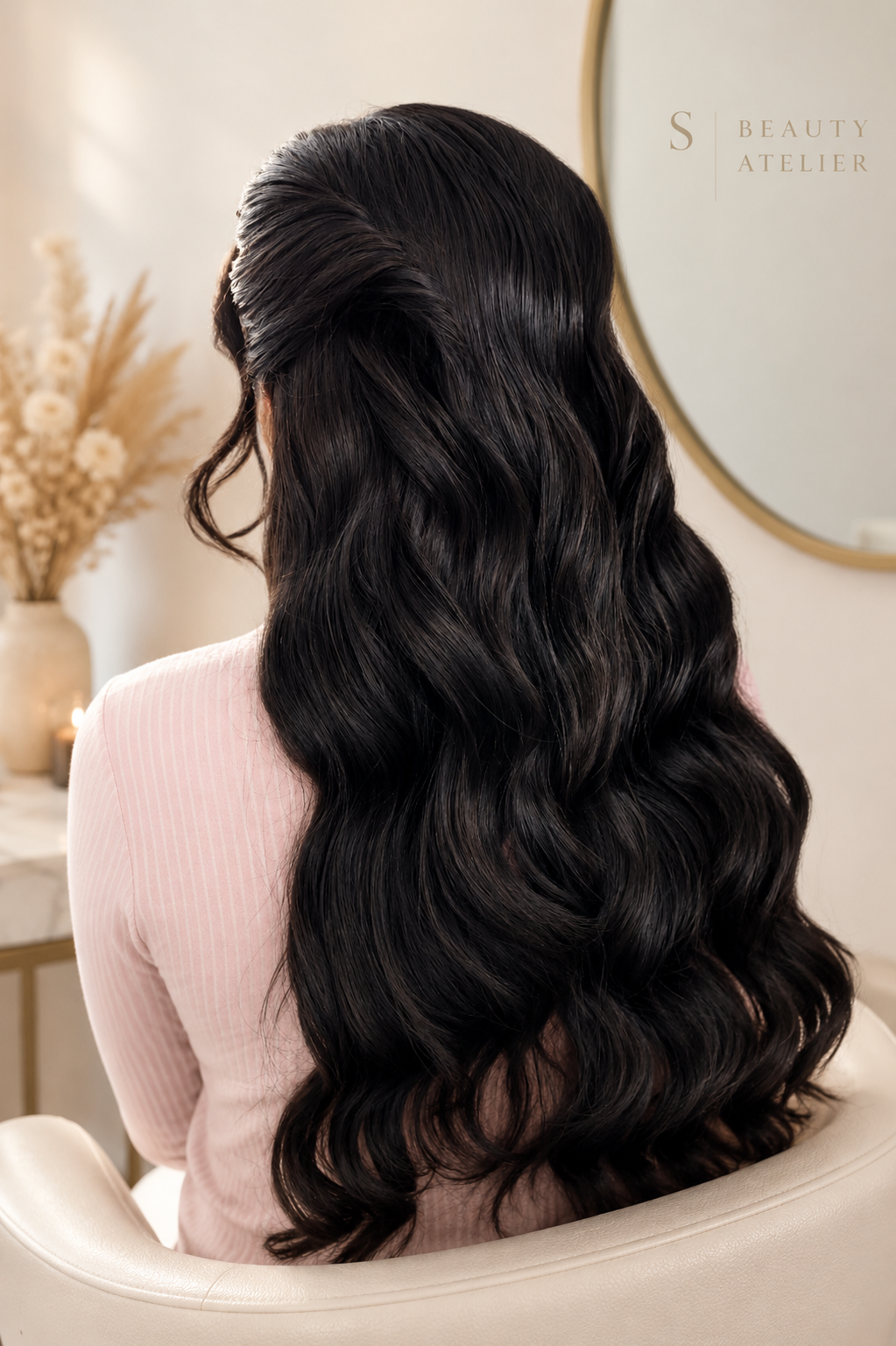Back of a woman with long, wavy, black hair sitting in a cream-colored chair in a beauty salon, with a mirror and a vase with dried flowers in the background.