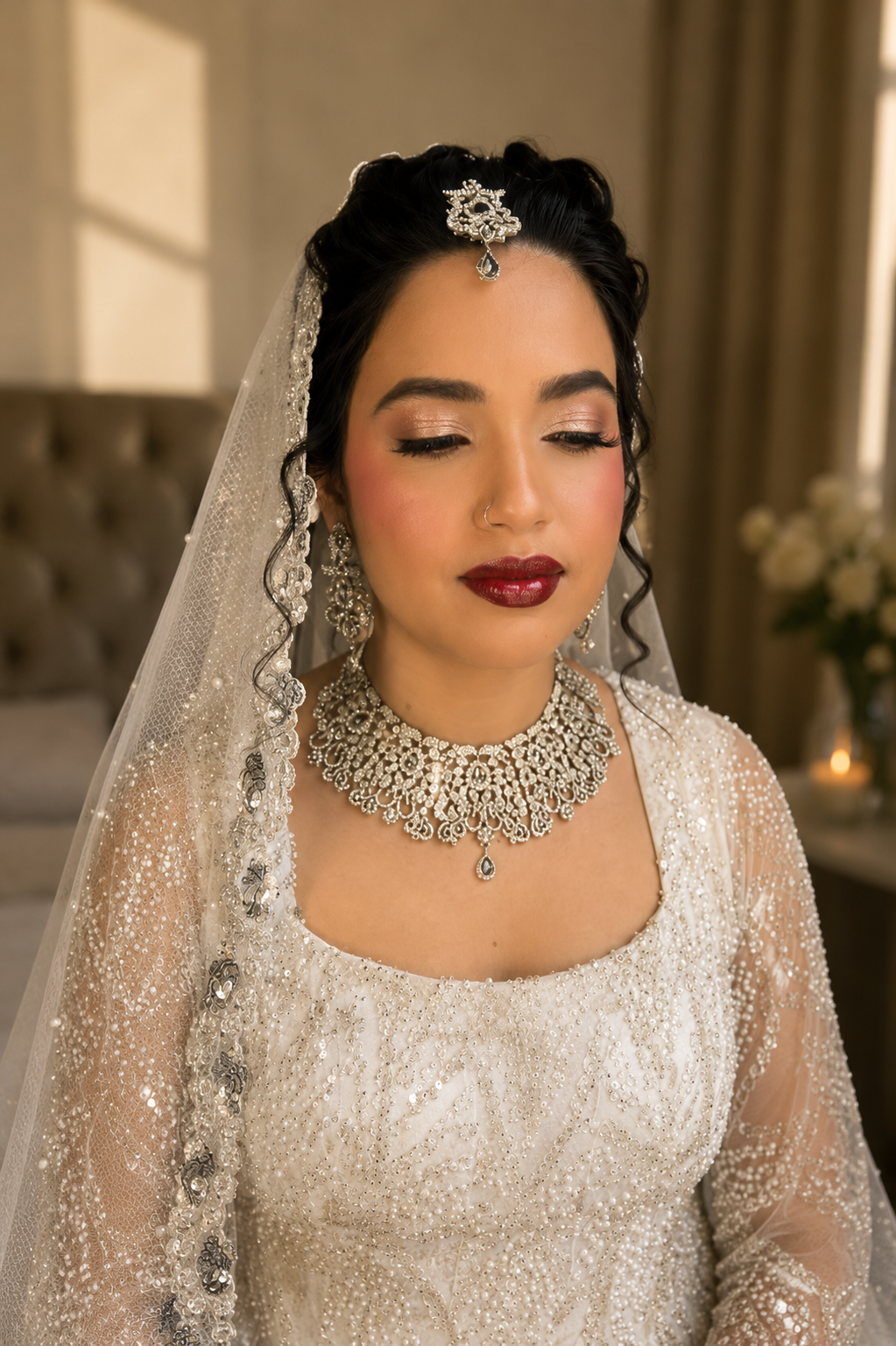 A bride with dark, curly hair and medium skin, wearing a beaded cream wedding dress and a sheer veil with lace embellishments. She has silver jewelry, including a choker, earrings, and a headpiece, with a nose ring and dark red lipstick, standing with her eyes closed in a softly lit room.