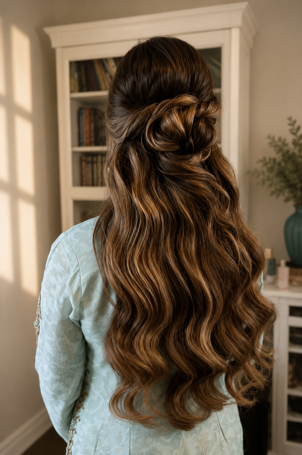 Back view of a woman with long, wavy, brown hair styled in loose curls, wearing a light blue dress, standing in a room with a white bookshelf and a potted plant.