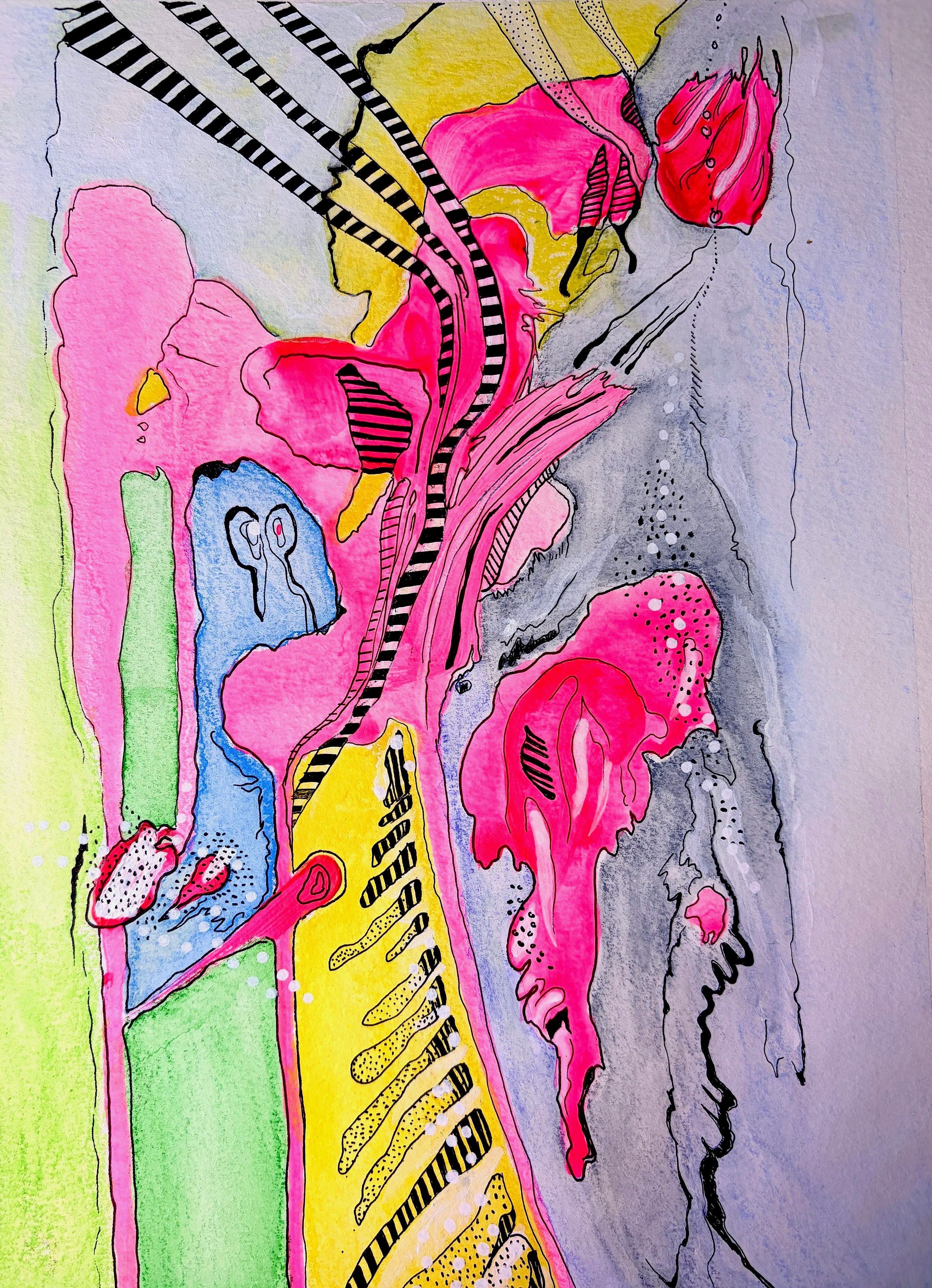 Phantom, mixed-media abstract artwork by Nicole Federici inspired by Butch Morris’s Phantom Station, in acrylic, aquarelle crayon and ink, 2026