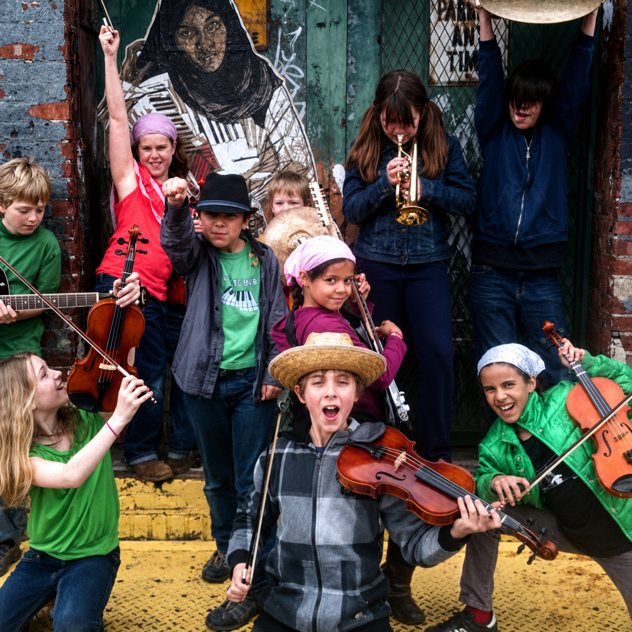 Sonic Smithy youth improvising ensemble performing outdoors in Gowanus, Brooklyn, New York, near the Douglass Street Music Collective, directed by Nicole Federici, with musicians and graffiti by Swoon (Caledonia Dance Curry) in the background.
