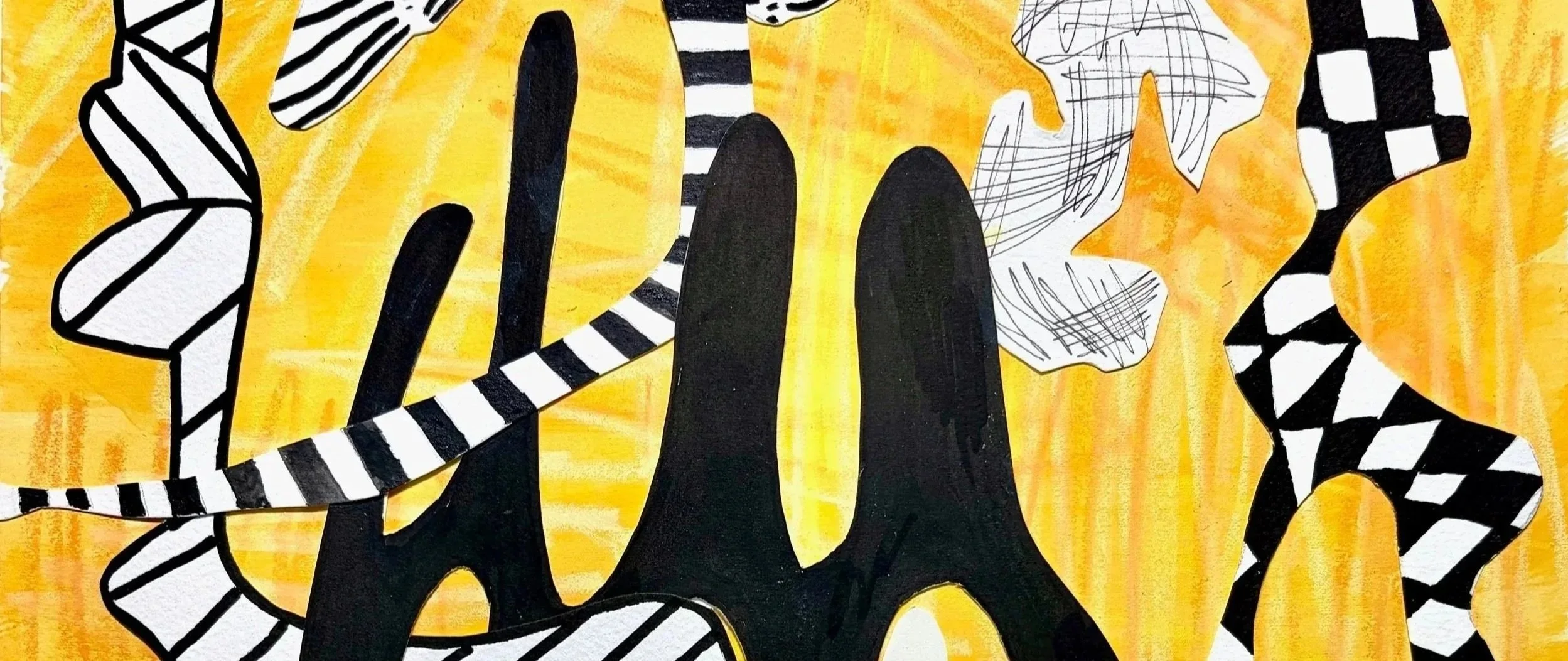 Abstract art featuring black and white striped patterns, black shapes, and a background of yellow-orange hues.