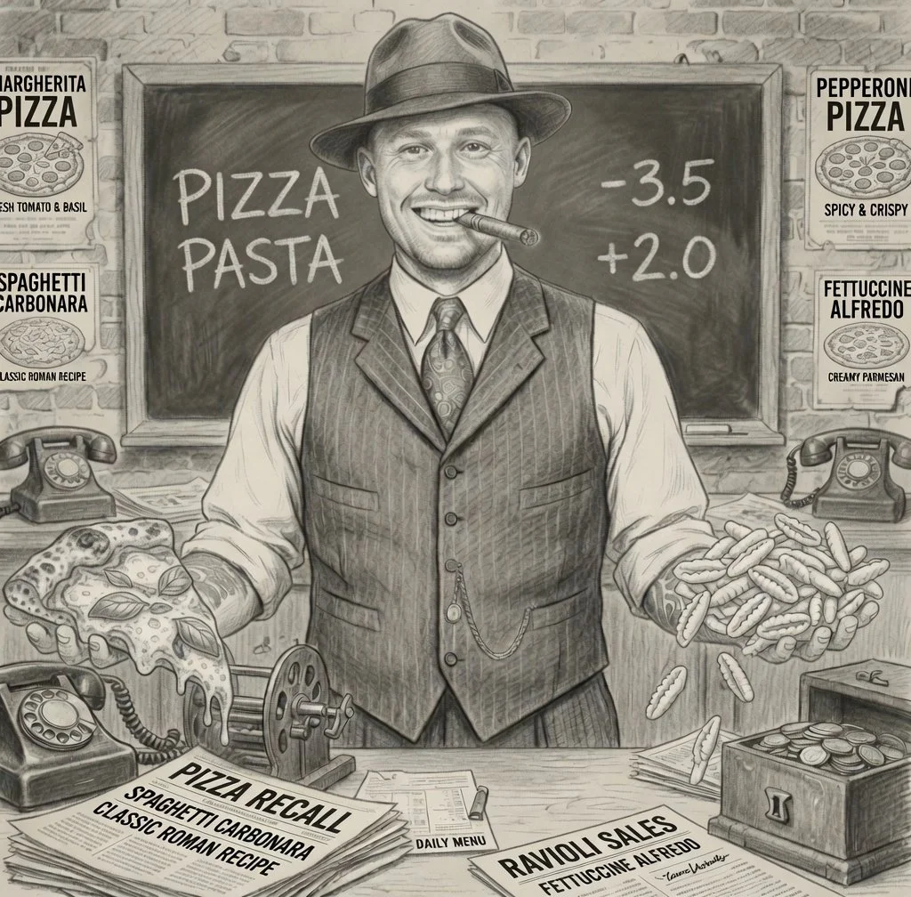 A black-and-white illustration of a man dressed as a classic Italian pizzeria owner, wearing a fedora and vest, holding a slice of pizza in one hand and a handful of pasta in the other. He stands in front of a blackboard with handwritten menu items and prices, with vintage telephones on the desk and posters of various pizza dishes on the brick wall.