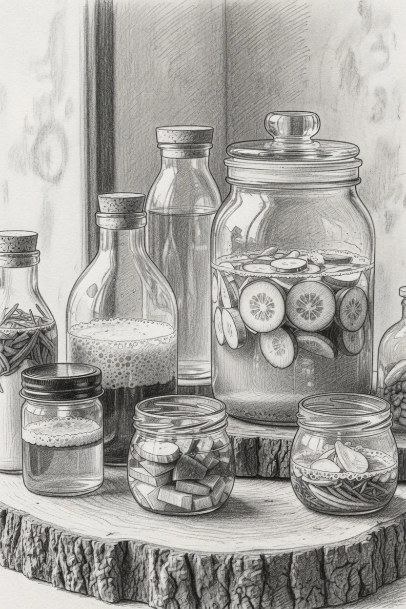 Sketch of various glass jars and bottles containing candies, sliced cucumbers, and herbs, placed on a wooden surface.