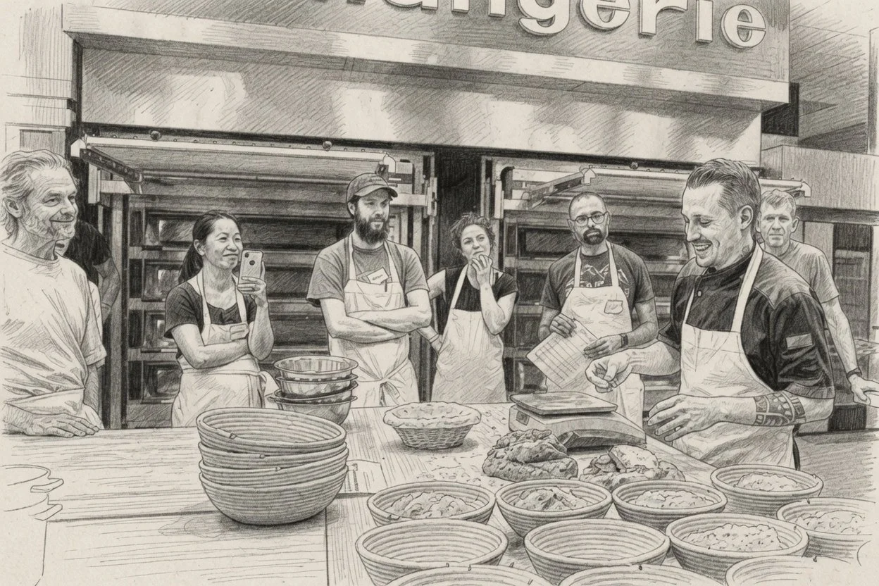 A group of people gathered around a table with food, listening to a man with tattoos who is talking or presenting, in front of a bakery or food establishment.