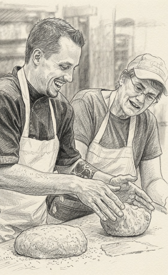 Two men in aprons are baking bread together, smiling and laughing, with loaves of bread on the table.