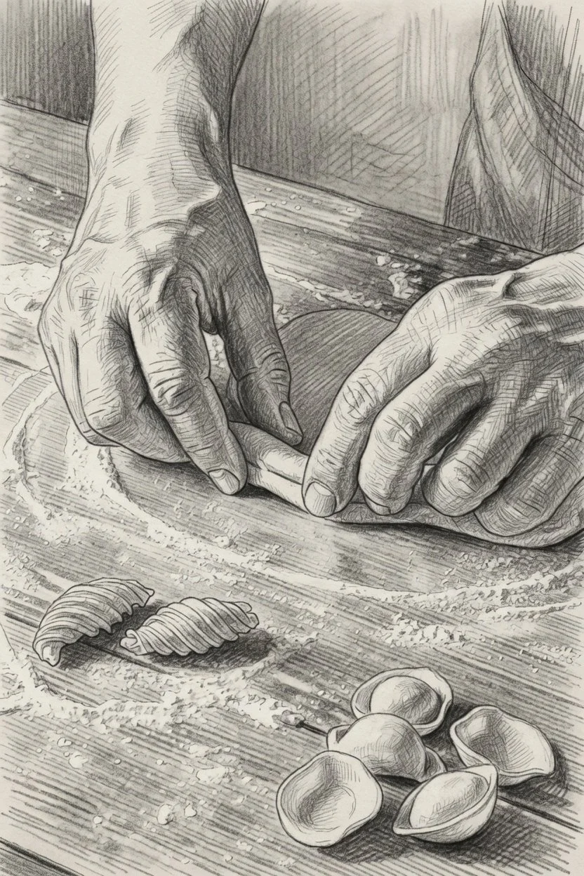 Close-up sketch of hands shaping pasta dough, with shells and filled pasta on a wooden surface.
