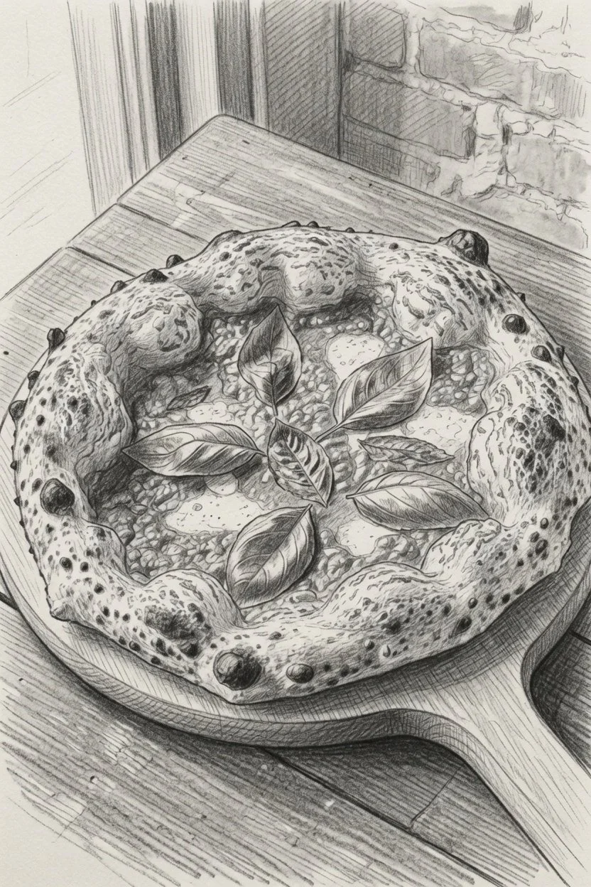 A skillet with a cooked dish garnished with fresh basil leaves, placed on a wooden surface near a brick wall.