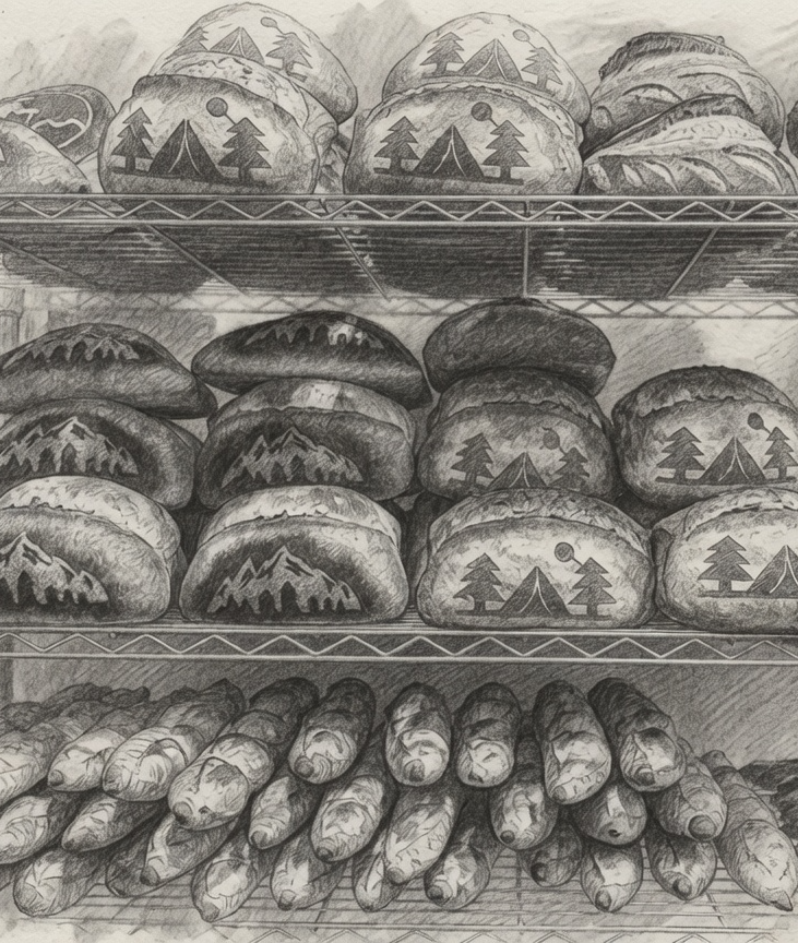 Sketch of a display shelf with bread rolls and baguettes decorated with mountain and pine tree patterns.