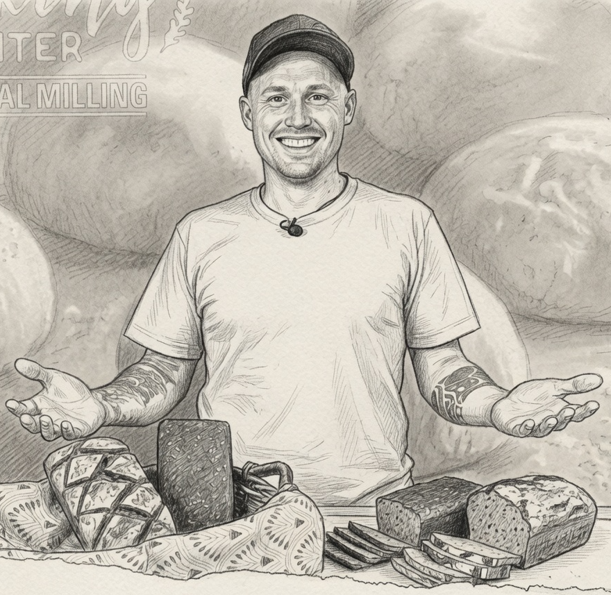 A man smiling and gesturing with his hands in front of a table with bread, cheese, and other foods, with sketches of potatoes in the background.