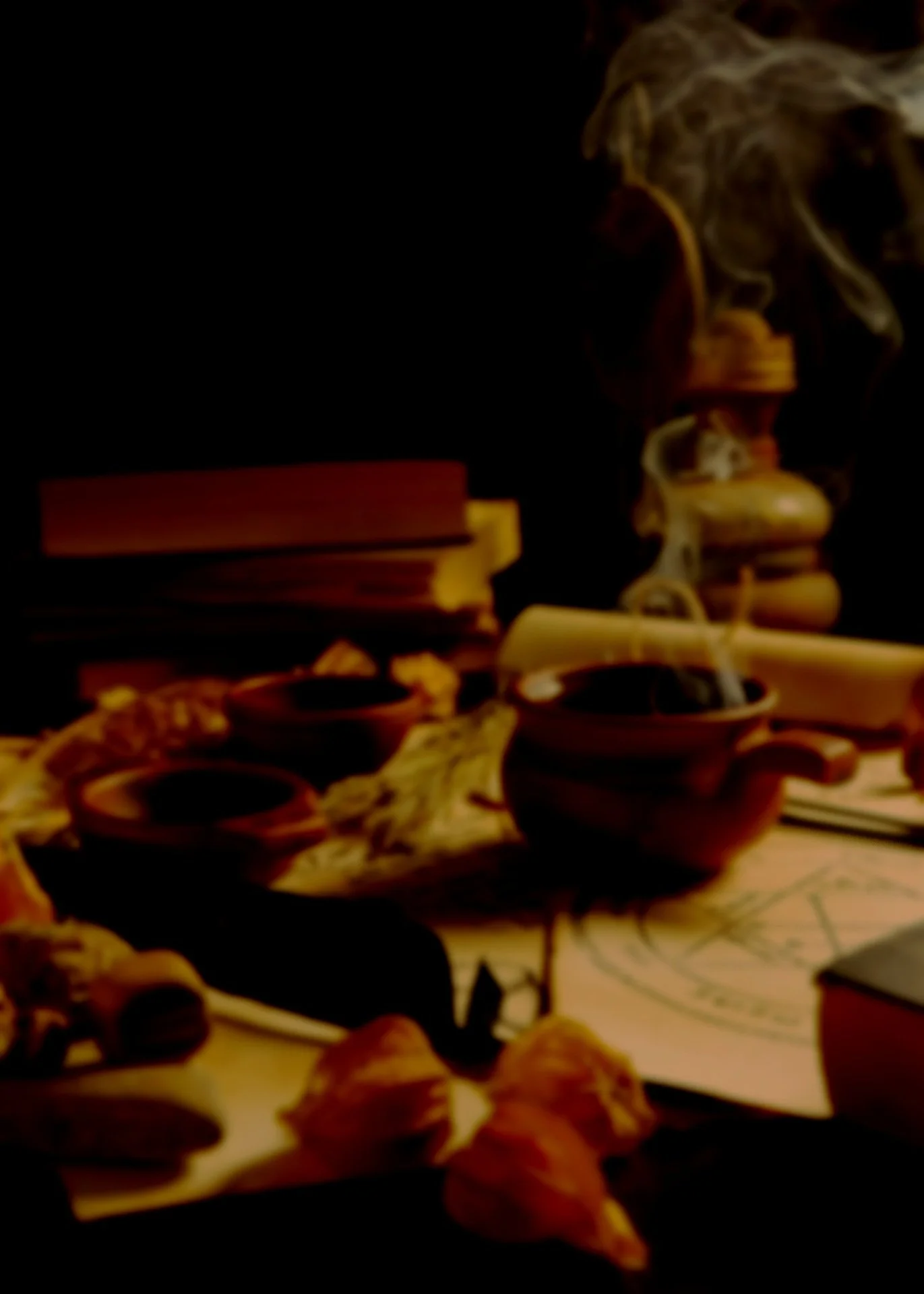 Close-up of a spiritual altar with pottery containers, books of spells, and a dark filter and additional books in the background.