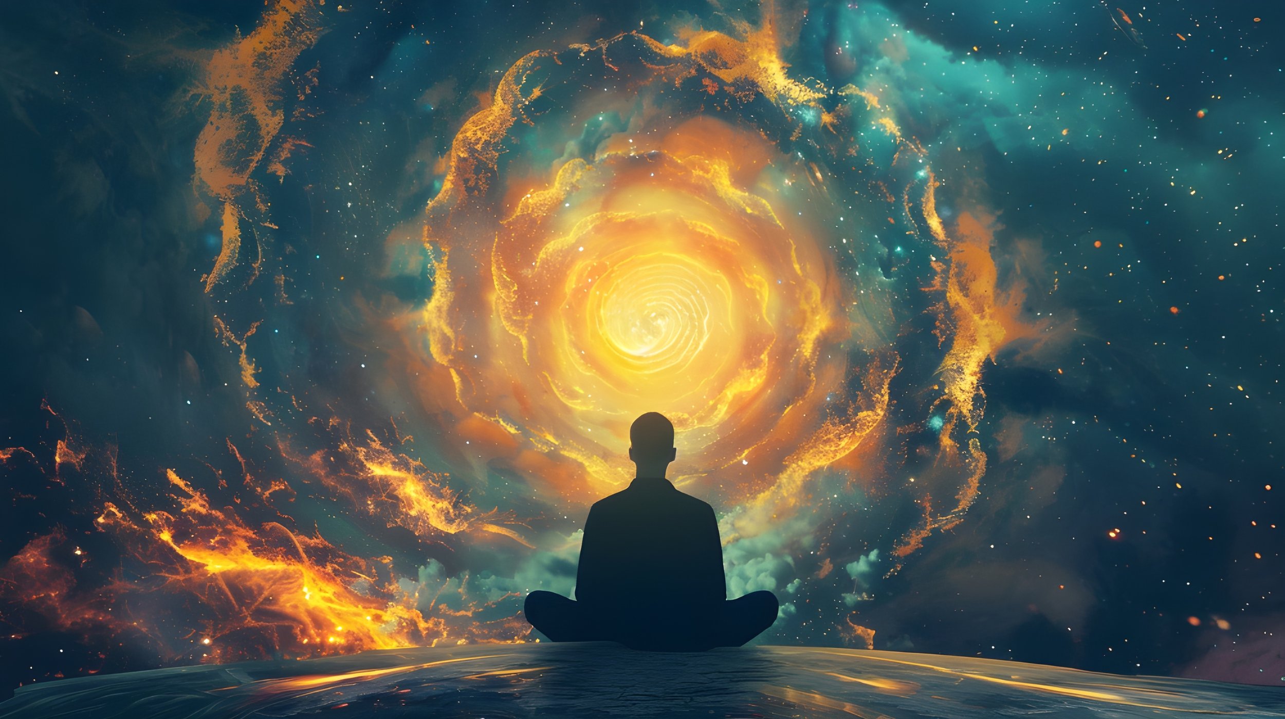 A person in silhouette sitting cross-legged and meditating in front of a cosmic scene with swirling orange, yellow, and teal nebulae and stars, creating a sense of cosmic energy and meditation.