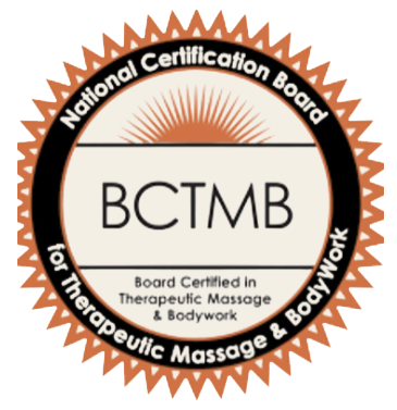 Seal of certification from the National Certification Board for Therapeutic Massage and Bodywork, stating it is a board certified massage therapist in therapeutic massage and bodywork, with the initials BCTMB in the center.