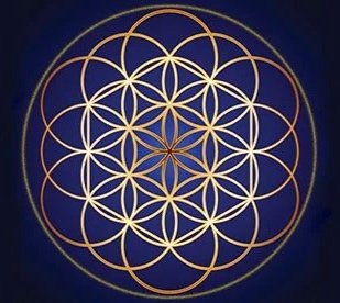 Intricate geometric pattern of interconnected gold circles forming a flower-like design on a dark background.
