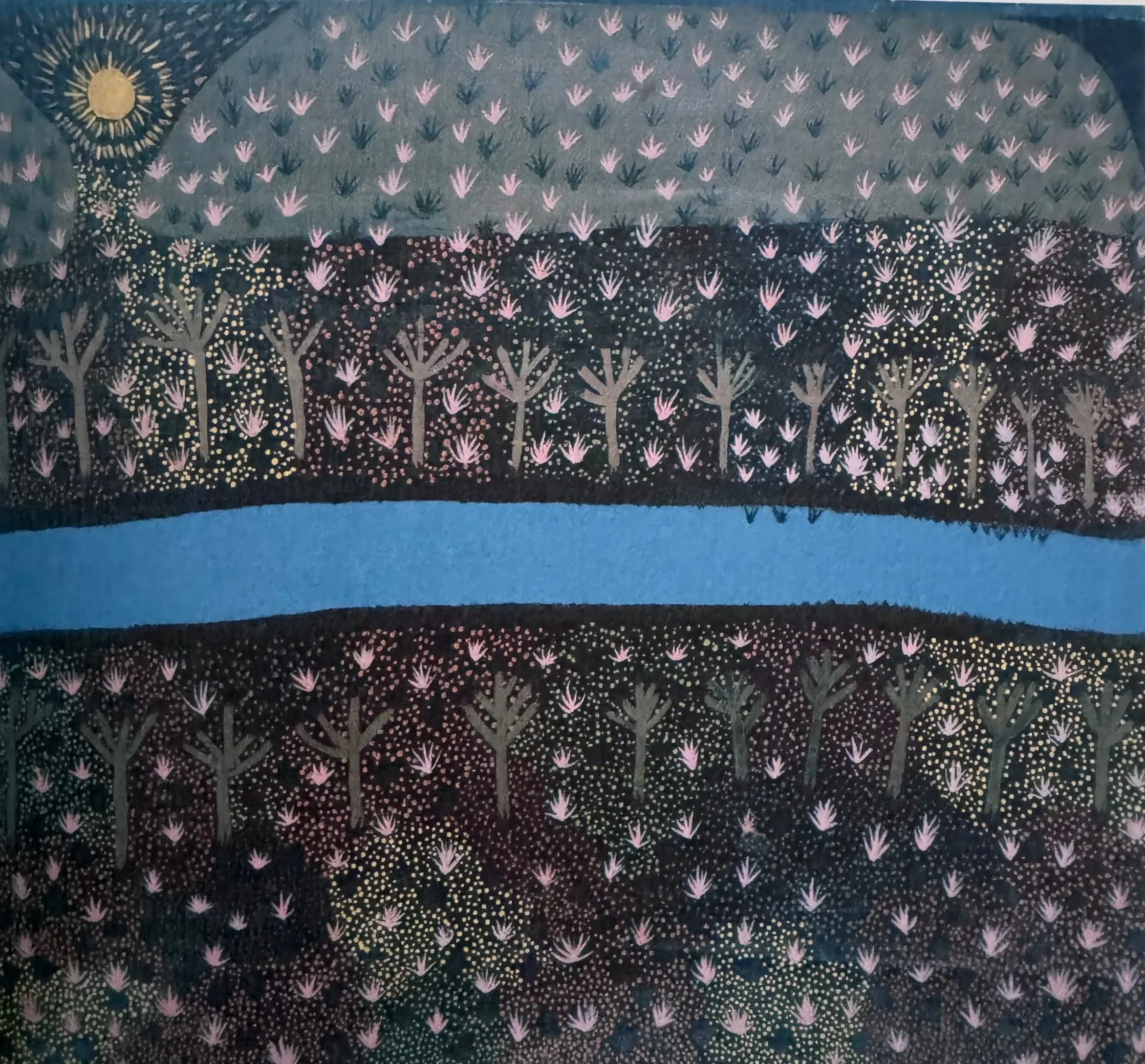 A detailed painting depicting a night scene with a yellow sun in the upper left corner, rays radiating outward, and a sky filled with numerous pink and dark blue flowers or star-shaped patterns. There are wild trees with light-colored trunks and branches at the bottom, with pink blossoms or leaves. The overall color scheme includes dark blue, pink, yellow, and black.