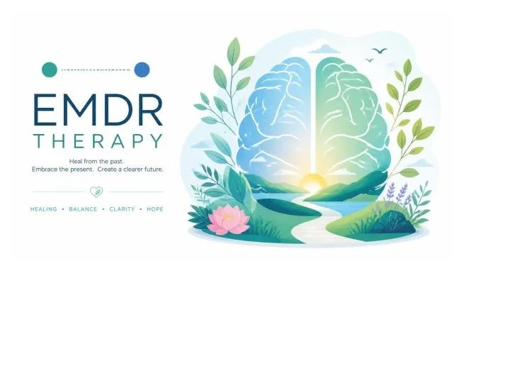 Illustration of a brain with a sunrise over mountains, surrounded by greenery and flowers, promoting EMDR therapy for healing, balance, clarity, and hope.