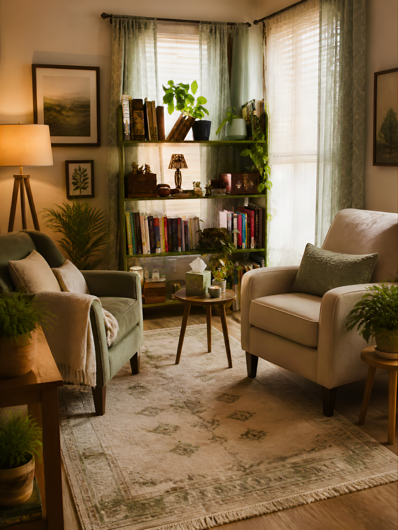 Cozy living room with two upholstered armchairs, a small wooden table, a patterned area rug, a bookshelf with plants and books in front of a window with sheer curtains, and framed artwork on the wall.