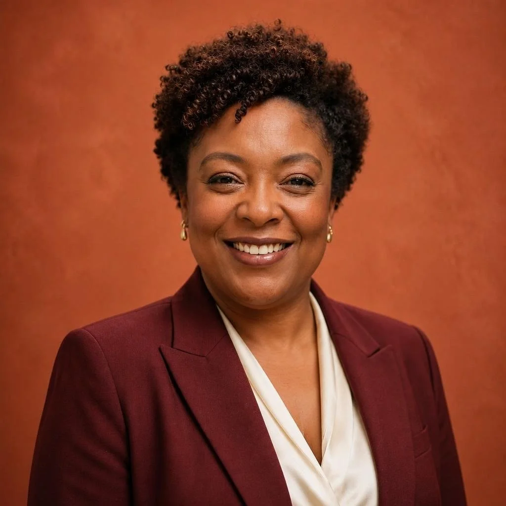 Black American Therapist with short curly hair, wearing a burgundy blazer and white blouse, against a warm brown background.