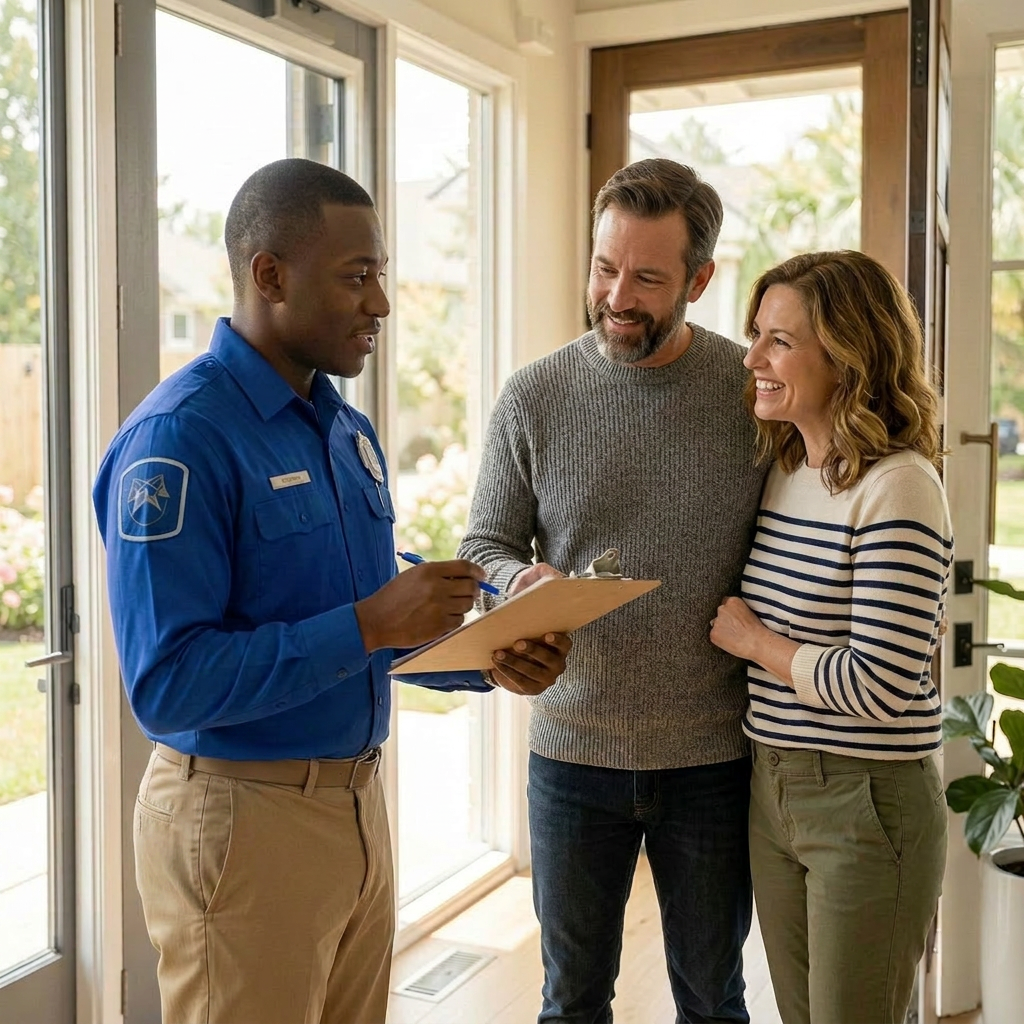 A couple smiling and talking with a police officer inside a house near the front door.