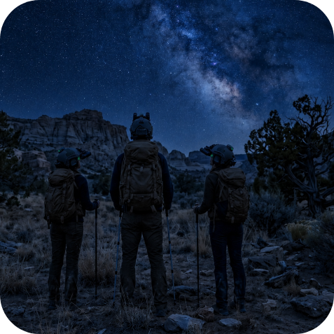 Three hikers with backpacks and helmets standing outdoors at night, looking up at the starry sky and the Milky Way galaxy in a desert landscape