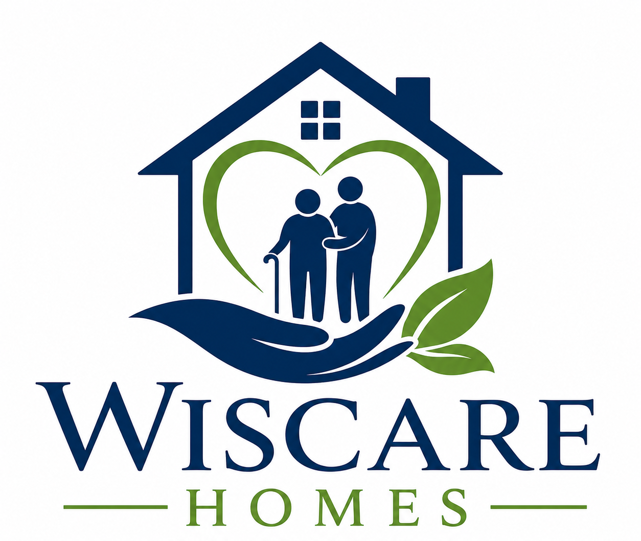 Logo for Wiscare Homes featuring a house with an elderly person with a cane and a caregiver inside, surrounded by a heart-shaped outline. The house is being held by a hand with green leaves, and the text "Wiscare Homes" is below.