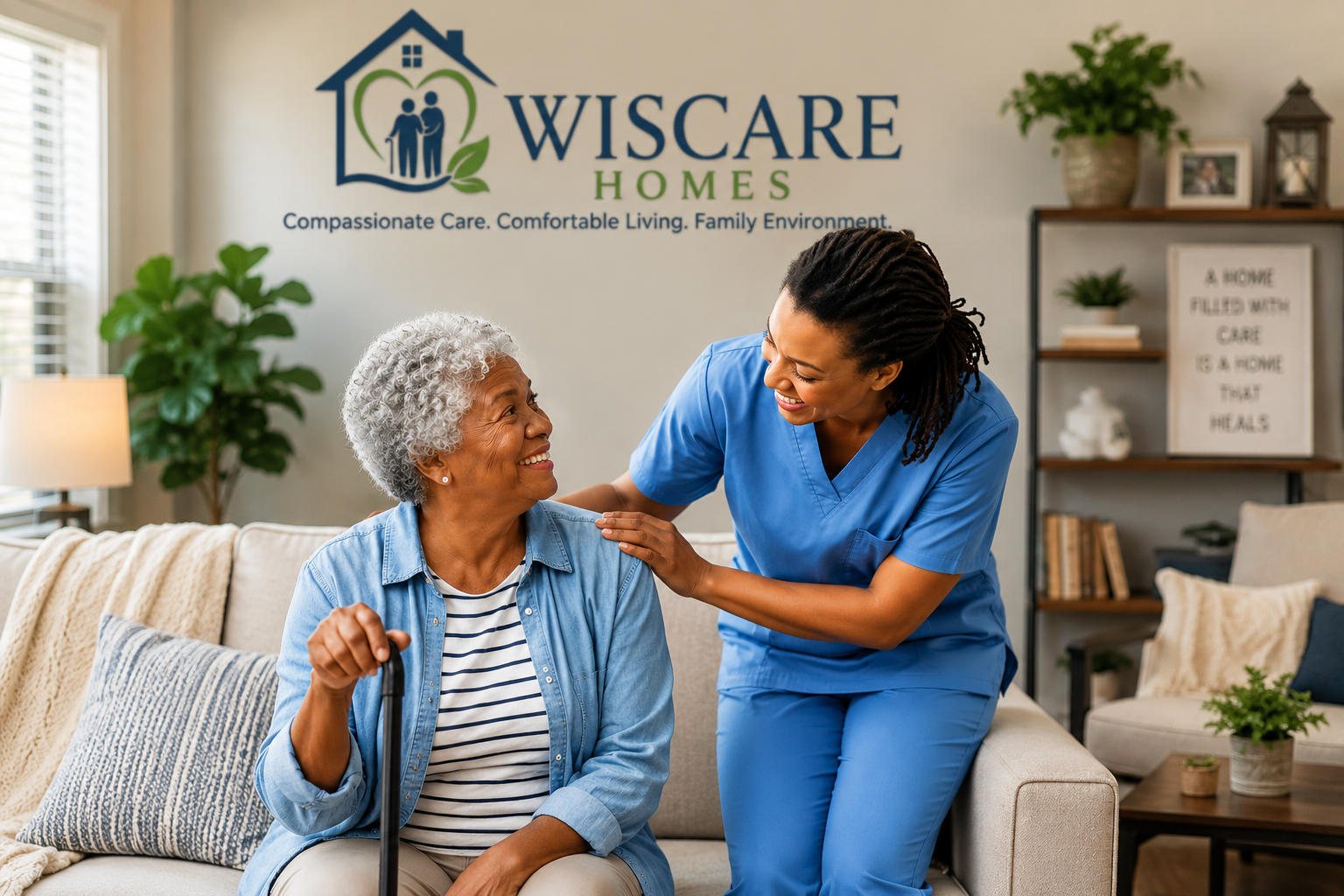 A nurse smiling and talking with an elderly woman who is sitting on a sofa with a cane, inside a living room with a sign that reads 'WISCare Homes' on the wall.